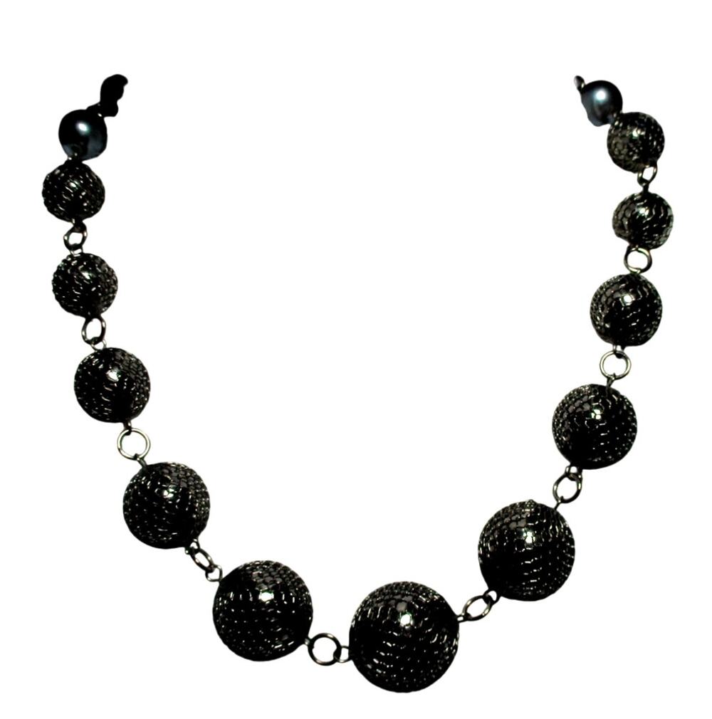 Vintage Filigree Smokey Ball Beads Mesh Covered Necklace 18.5"